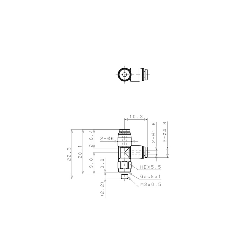 Đầu Nối Nhanh Khí Nén Dạng Chữ T Ren Ngoài Pisco PD180-M3M-C_drawing