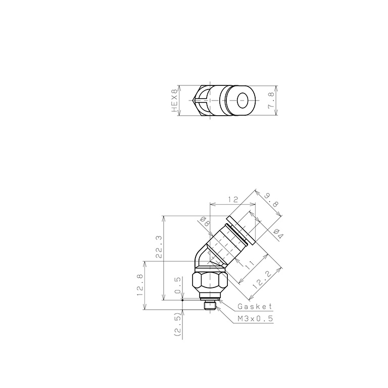 Đầu Nối Nhanh Khí Nén Dạng Cong 45° Ren Ngoài Pisco PLH4-M3MW_drawing