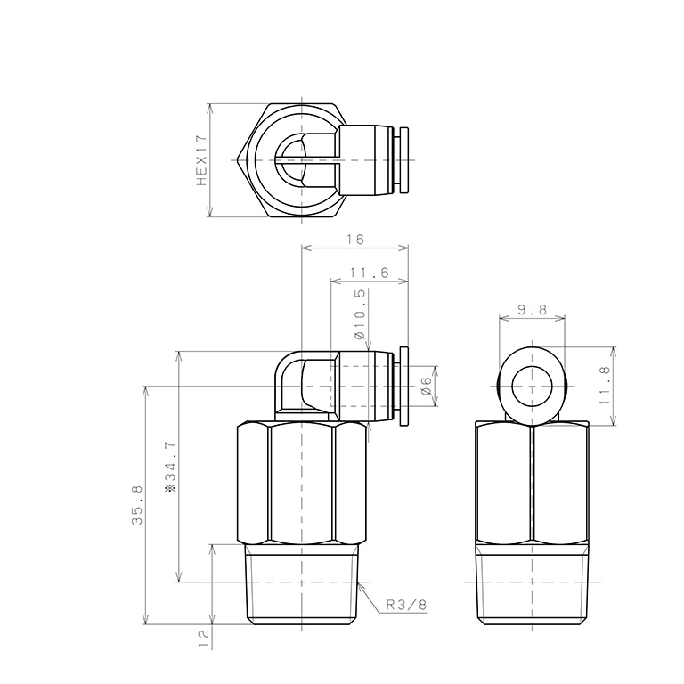 Đầu Nối Nhanh Khí Nén Dạng Cong 90° Ren Ngoài (Dài) Pisco PLL6-03M_drawing
