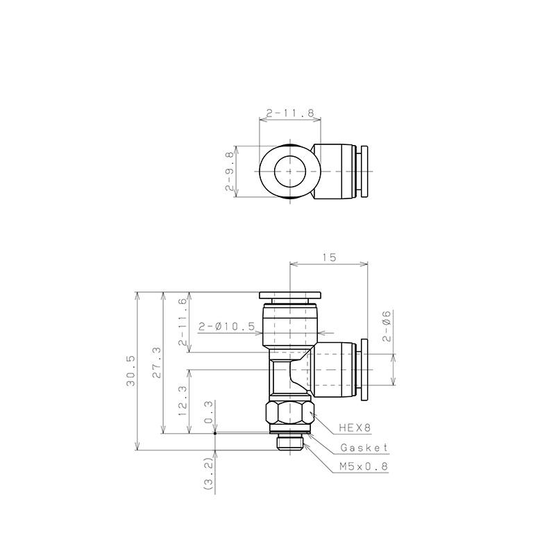 Đầu Nối Nhanh Khí Nén Dạng Chữ T Ren Ngoài Pisco PD6-M5M-C_drawing