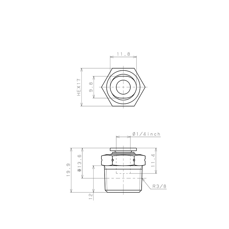 Đầu Nối Nhanh Khí Nén Dạng Thẳng Thân Lục Giác Ren Ngoài Pisco PC1/4-03M-C_drawing
