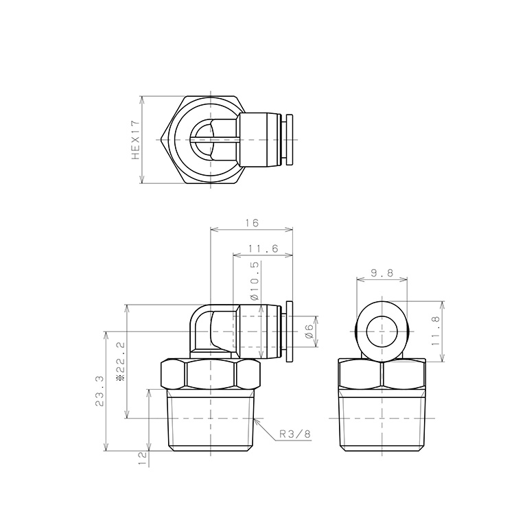 Đầu Nối Nhanh Khí Nén Dạng Cong 90° Ren Ngoài Pisco PL6-03M-C_drawing