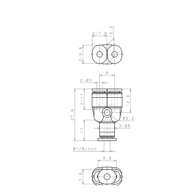 Đầu Nối Nhanh Khí Nén Chữ Y Dạng Nối Giảm Pisco PW1/8-3M_drawing