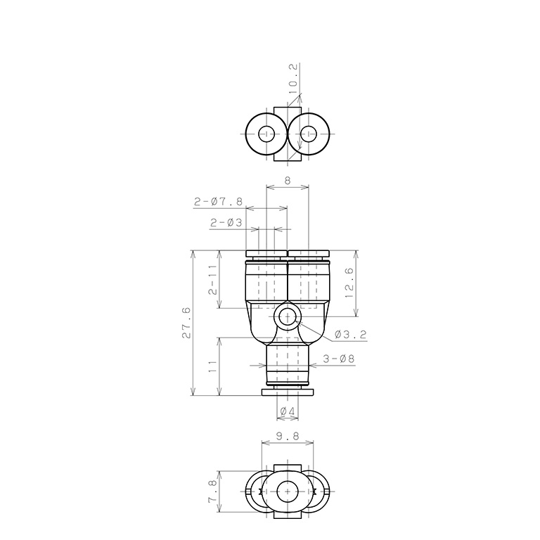 Đầu Nối Nhanh Khí Nén Chữ Y Dạng Nối Giảm Pisco PW4-3M_drawing