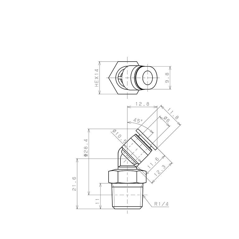 Đầu Nối Nhanh Khí Nén Dạng Cong 45° Ren Ngoài Pisco PLH6-02MW_drawing
