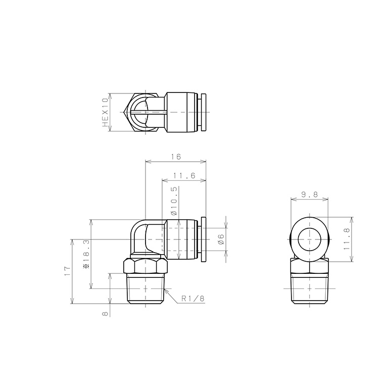 Đầu Nối Nhanh Khí Nén Dạng Cong 90° Ren Ngoài Pisco PL6-01M_drawing