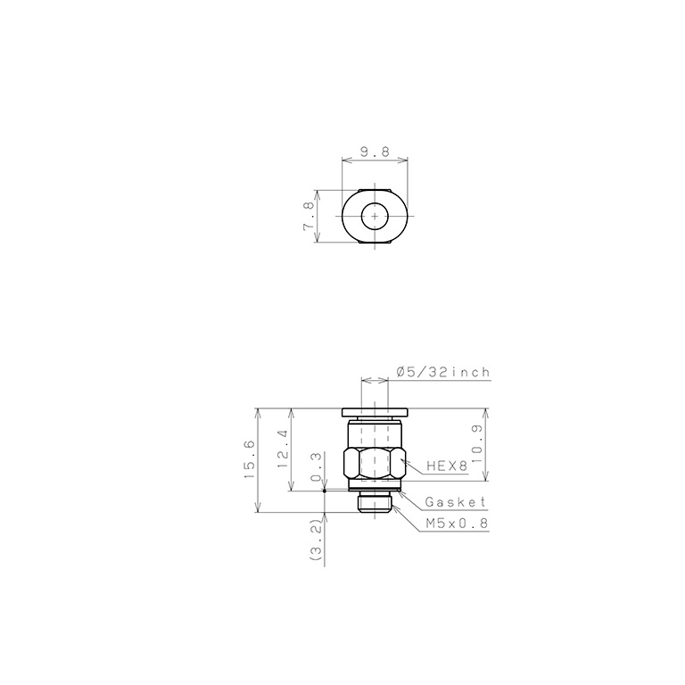Đầu Nối Nhanh Khí Nén Dạng Thẳng Thân Lục Giác Ren Ngoài Pisco PC5/32-M5M-C_drawing
