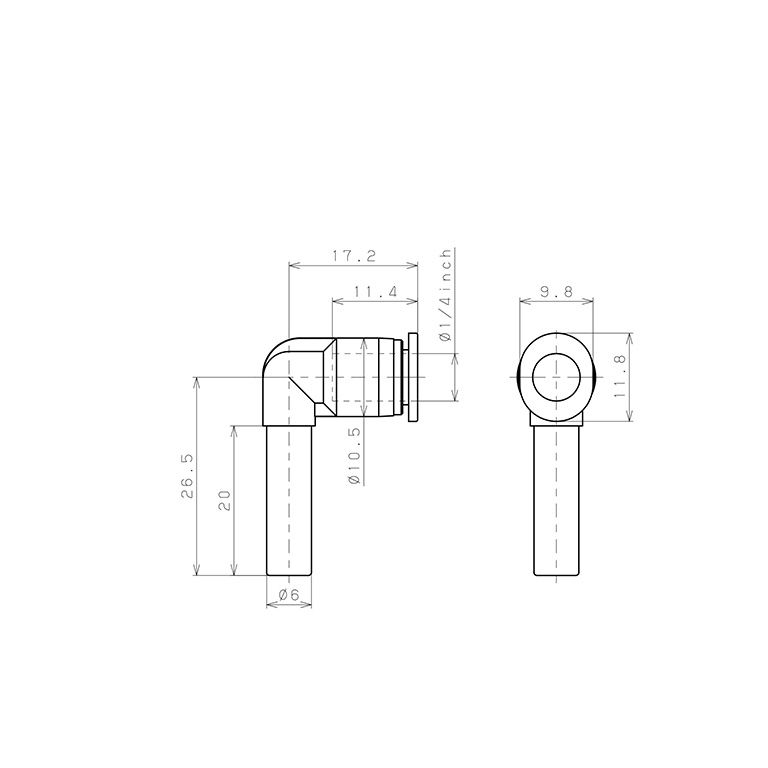 Đầu Nối Nhanh Khí Nén Giữa Ống Khí Và Fitting Dạng Nối Giảm Cong 90° Pisco PLGJ6-1/4M_drawing