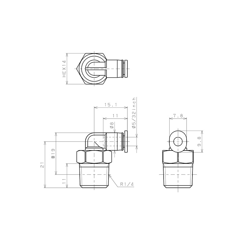 Đầu Nối Nhanh Khí Nén Dạng Cong 90° Ren Ngoài Pisco PL5/32-02M_drawing