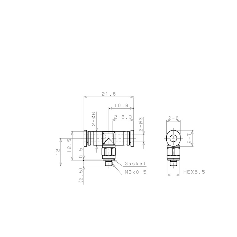 Đầu Nối Nhanh Khí Nén Dạng Chữ T Ren Ngoài Pisco PB3-M3MW_drawing