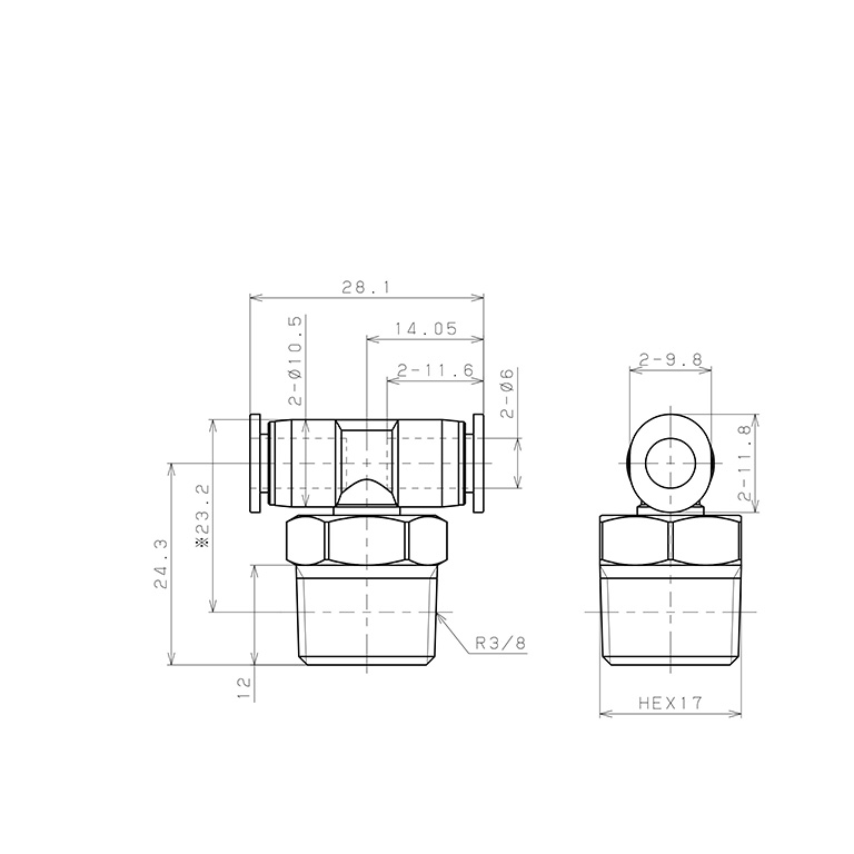 Đầu Nối Nhanh Khí Nén Dạng Chữ T Ren Ngoài Pisco PB6-03M_drawing