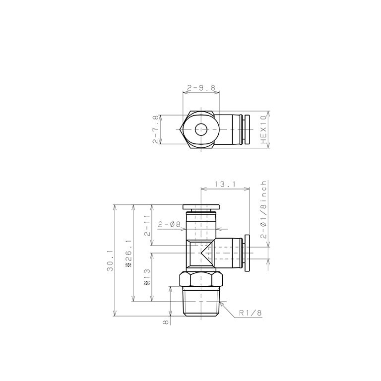 Đầu Nối Nhanh Khí Nén Dạng Chữ T Ren Ngoài Pisco PD1/8-01MW_drawing