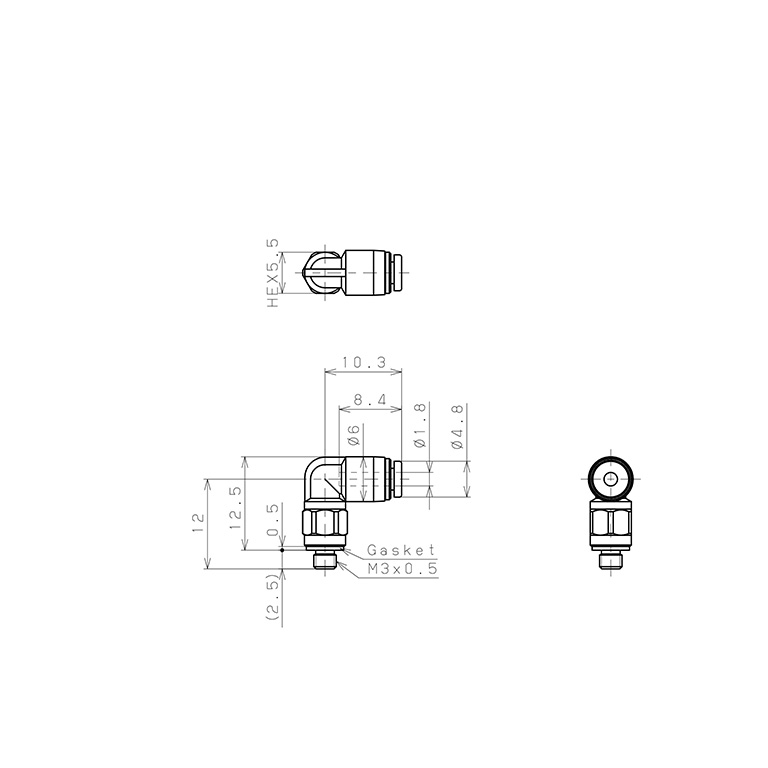 Đầu Nối Nhanh Khí Nén Dạng Cong 90° Ren Ngoài Pisco PL180-M3M_drawing