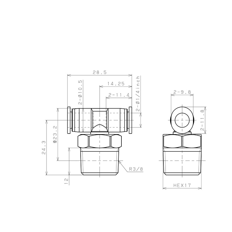 Đầu Nối Nhanh Khí Nén Dạng Chữ T Ren Ngoài Pisco PB1/4-03M_drawing