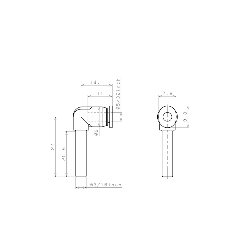 Đầu Nối Nhanh Khí Nén Giữa Ống Khí Và Fitting Dạng Nối Giảm Cong 90° Pisco PLGJ3/16-5/32M_drawing