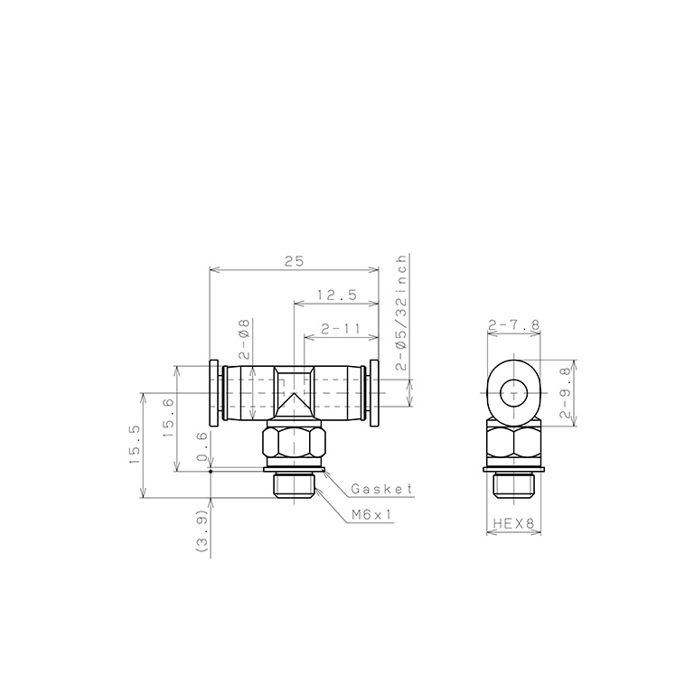 Đầu Nối Nhanh Khí Nén Dạng Chữ T Ren Ngoài Pisco PB5/32-M6M_drawing