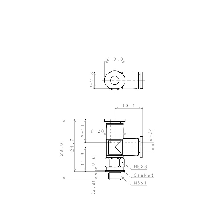 Đầu Nối Nhanh Khí Nén Dạng Chữ T Ren Ngoài Pisco PD4-M6M_drawing