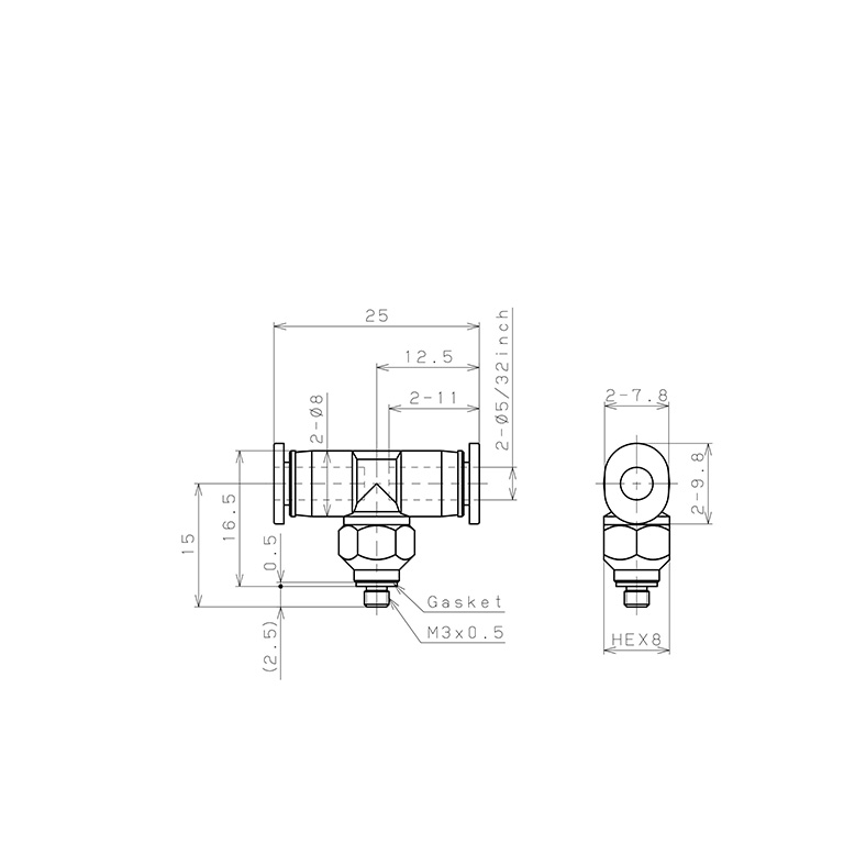 Đầu Nối Nhanh Khí Nén Dạng Chữ T Ren Ngoài Pisco PB5/32-M3M_drawing