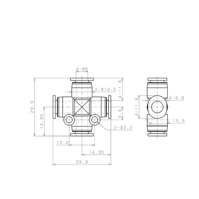 Đầu Nối Nhanh Khí Nén Ngã 4 Pisco PZA6M_drawing