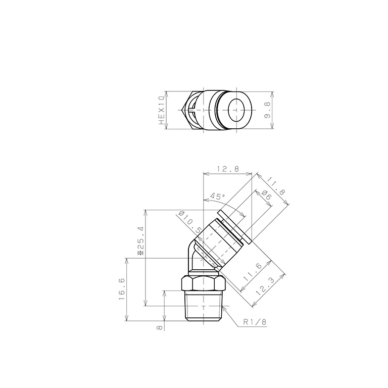 Đầu Nối Nhanh Khí Nén Dạng Cong 45° Ren Ngoài Pisco PLH6-01MW_drawing