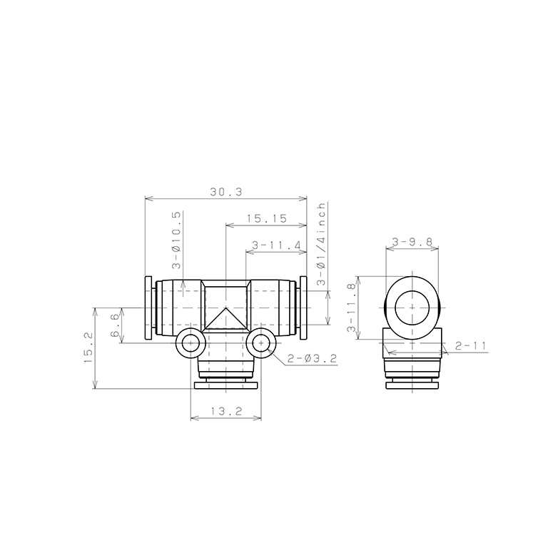 Đầu Nối Nhanh Khí Nén Chữ T Pisco PE1/4M_drawing