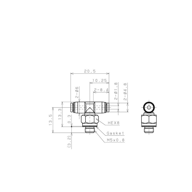 Đầu Nối Nhanh Khí Nén Dạng Chữ T Ren Ngoài Pisco PB180-M5M-C_drawing
