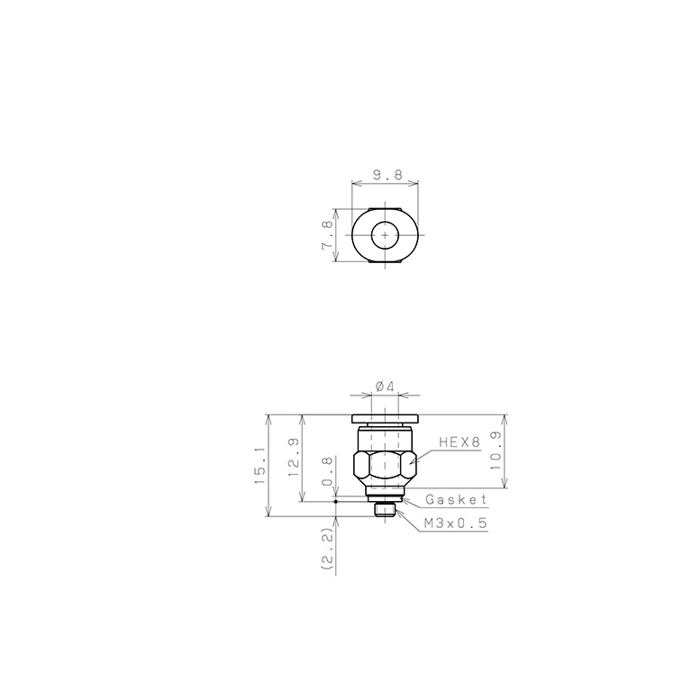 Đầu Nối Nhanh Khí Nén Dạng Thẳng Thân Lục Giác Ren Ngoài Pisco PC4-M3M-C_drawing