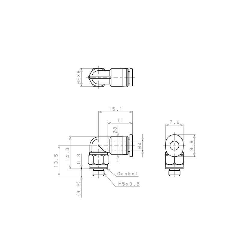 Đầu Nối Nhanh Khí Nén Dạng Cong 90° Ren Ngoài Pisco PL4-M5M-C_drawing