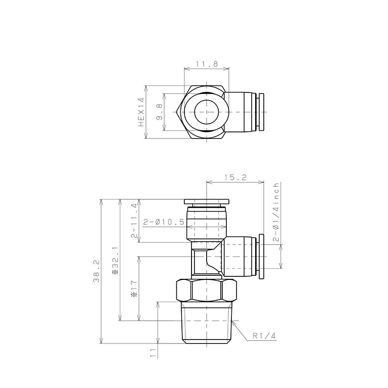 Đầu Nối Nhanh Khí Nén Dạng Chữ T Ren Ngoài Pisco PD1/4-02M-C_drawing