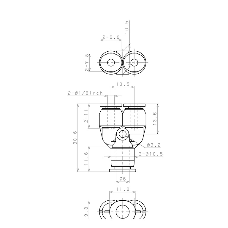 Đầu Nối Nhanh Khí Nén Chữ Y Dạng Nối Giảm Pisco PW6-1/8M_drawing