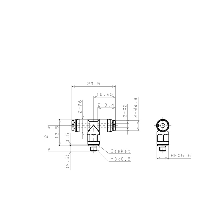 Đầu Nối Nhanh Khí Nén Dạng Chữ T Ren Ngoài Pisco PB2-M3MW_drawing