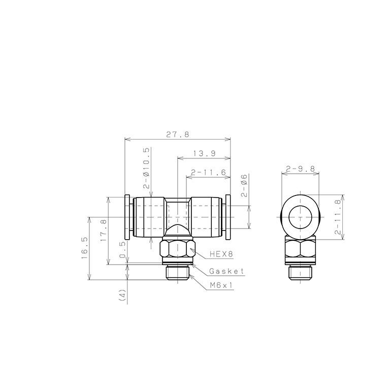 Đầu Nối Nhanh Khí Nén Dạng Chữ T Ren Ngoài Pisco PB6-M6M-C_drawing