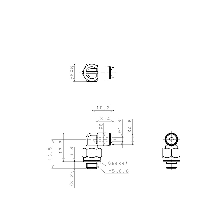 Đầu Nối Nhanh Khí Nén Dạng Cong 90° Ren Ngoài Pisco PL180-M5MW-C_drawing