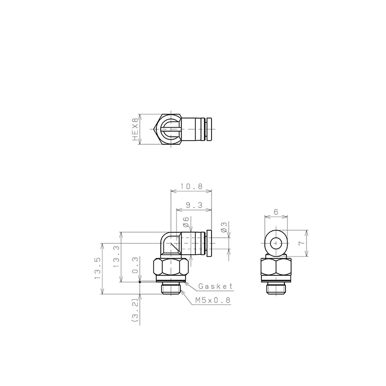 Đầu Nối Nhanh Khí Nén Dạng Cong 90° Ren Ngoài Pisco PL3-M5M-C_drawing