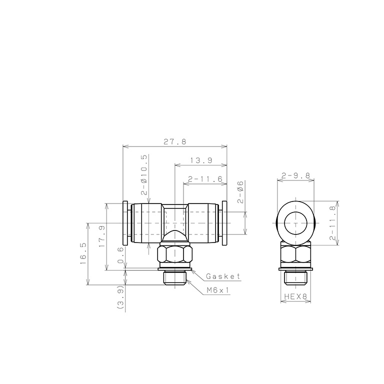 Đầu Nối Nhanh Khí Nén Dạng Chữ T Ren Ngoài Pisco PB6-M6M_drawing