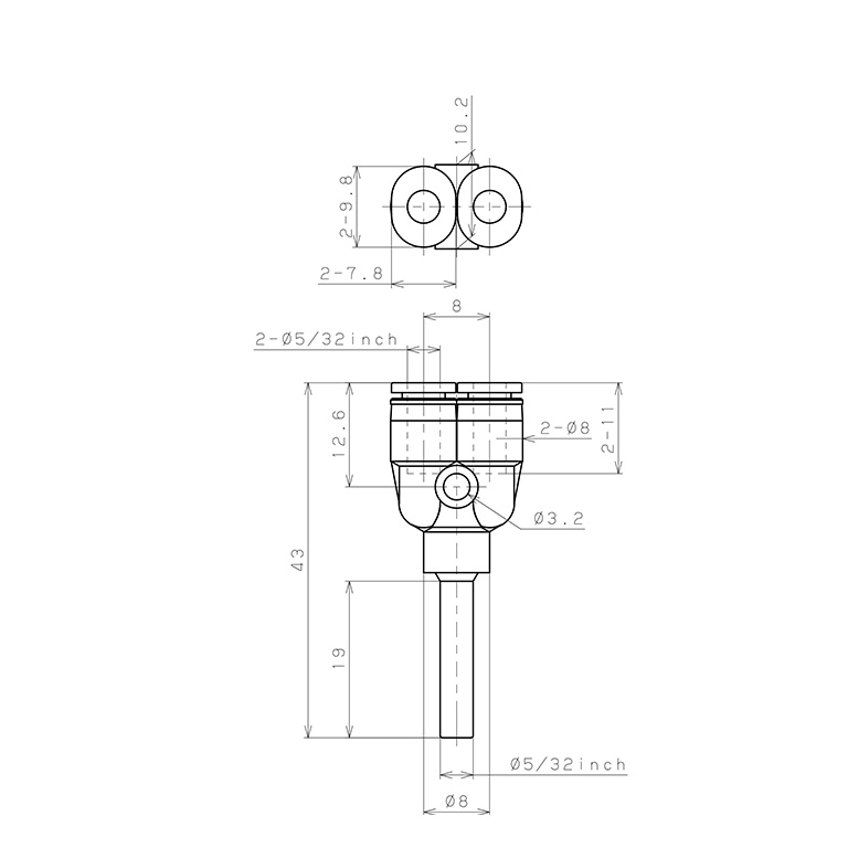 Đầu Nối Nhanh Khí Nén Giữa Ống Khí Và Fitting Dạng Chữ Y Pisco PYJ5/32M_drawing