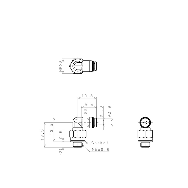 Đầu Nối Nhanh Khí Nén Dạng Cong 90° Ren Ngoài Pisco PL180-M5MW_drawing