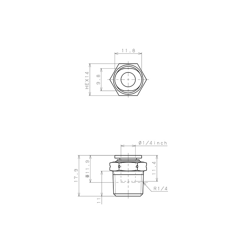 Đầu Nối Nhanh Khí Nén Dạng Thẳng Thân Lục Giác Ren Ngoài Pisco PC1/4-02M-C_drawing