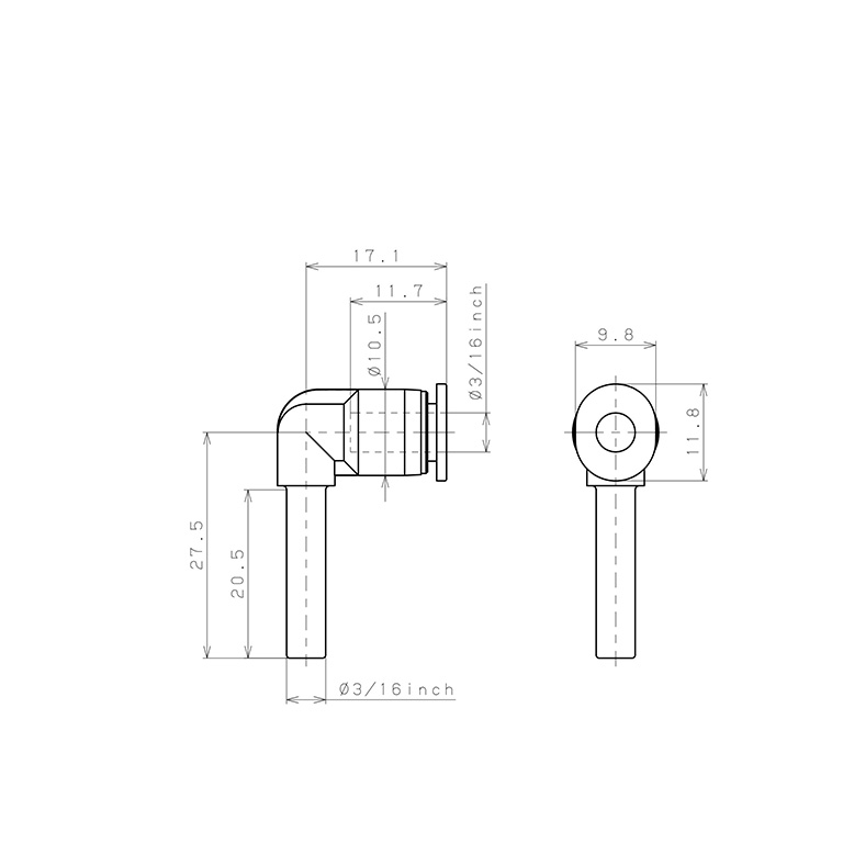 Đầu Nối Nhanh Khí Nén Giữa Ống Khí Và Fitting Dạng Cong 90° Pisco PLJ3/16M_drawing