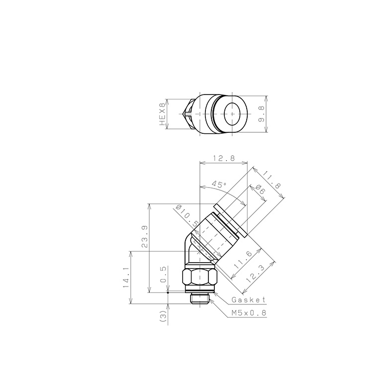 Đầu Nối Nhanh Khí Nén Dạng Cong 45° Ren Ngoài Pisco PLH6-M5MW_drawing