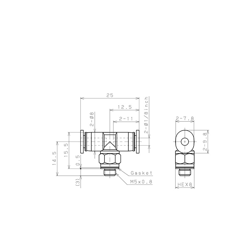 Đầu Nối Nhanh Khí Nén Dạng Chữ T Ren Ngoài Pisco PB1/8-M5MW_drawing