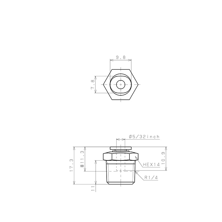 Đầu Nối Nhanh Khí Nén Dạng Thẳng Thân Lục Giác Ren Ngoài Pisco PC5/32-02M_drawing