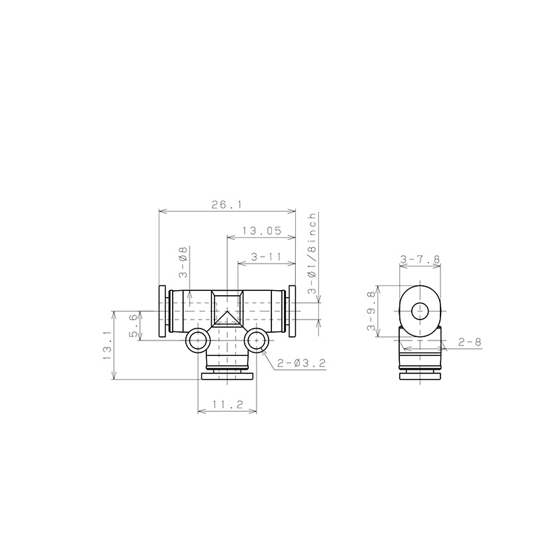 Đầu Nối Nhanh Khí Nén Chữ T Pisco PE1/8MW_drawing