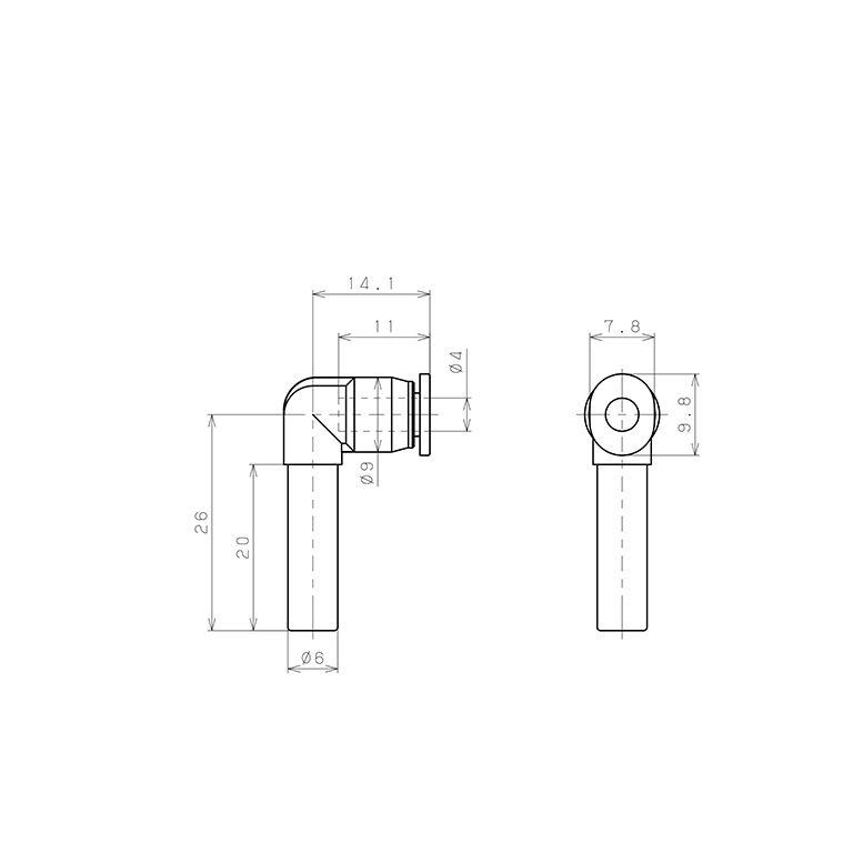 Đầu Nối Nhanh Khí Nén Giữa Ống Khí Và Fitting Dạng Nối Giảm Cong 90° Pisco PLGJ6-4M_drawing