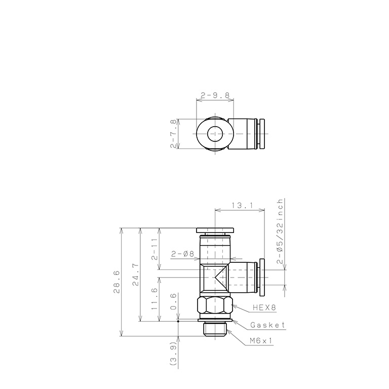 Đầu Nối Nhanh Khí Nén Dạng Chữ T Ren Ngoài Pisco PD5/32-M6M_drawing
