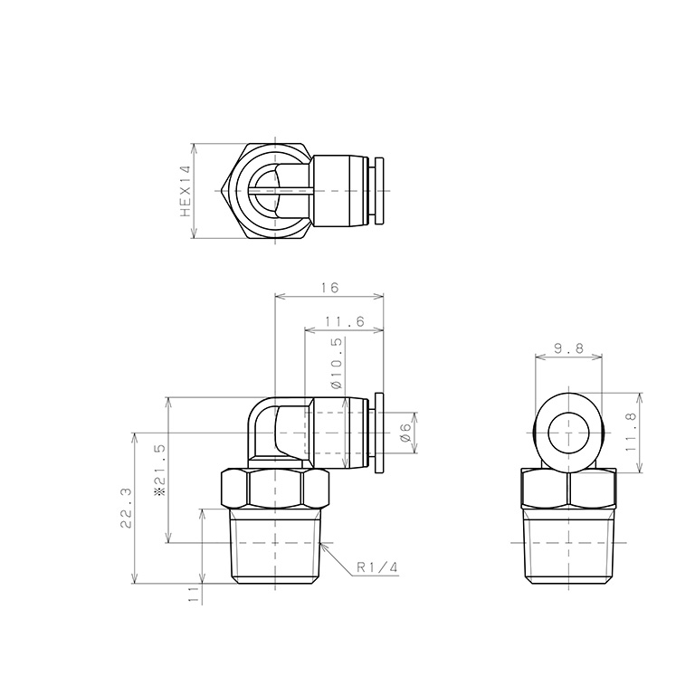 Đầu Nối Nhanh Khí Nén Dạng Cong 90° Ren Ngoài Pisco PL6-02MW_drawing