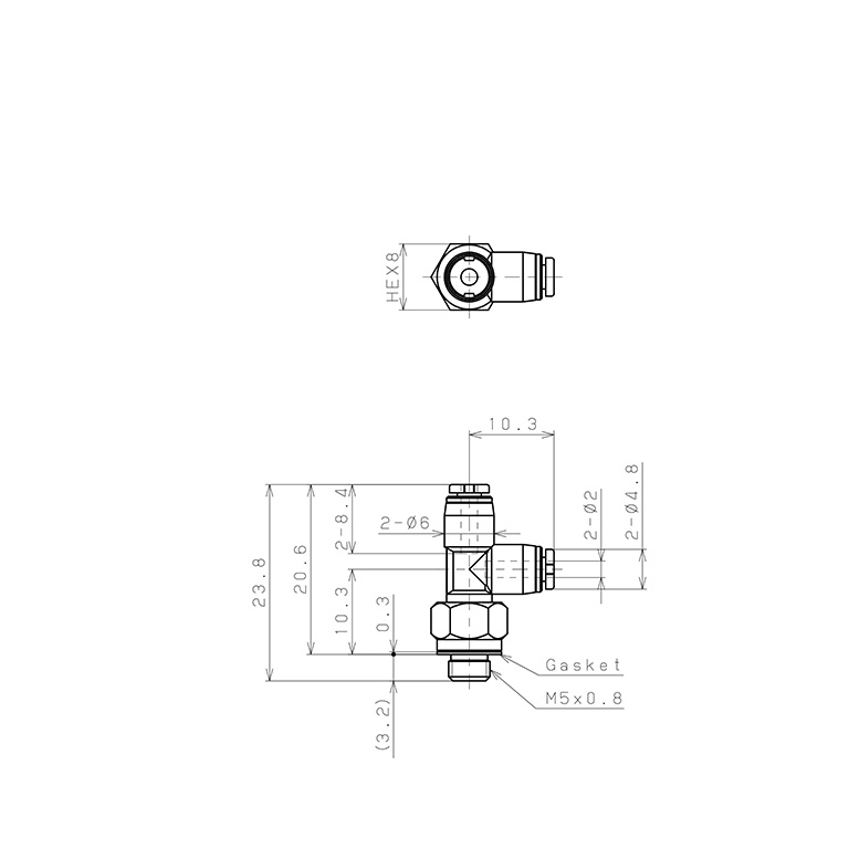 Đầu Nối Nhanh Khí Nén Dạng Chữ T Ren Ngoài Pisco PD2-M5MW-C_drawing