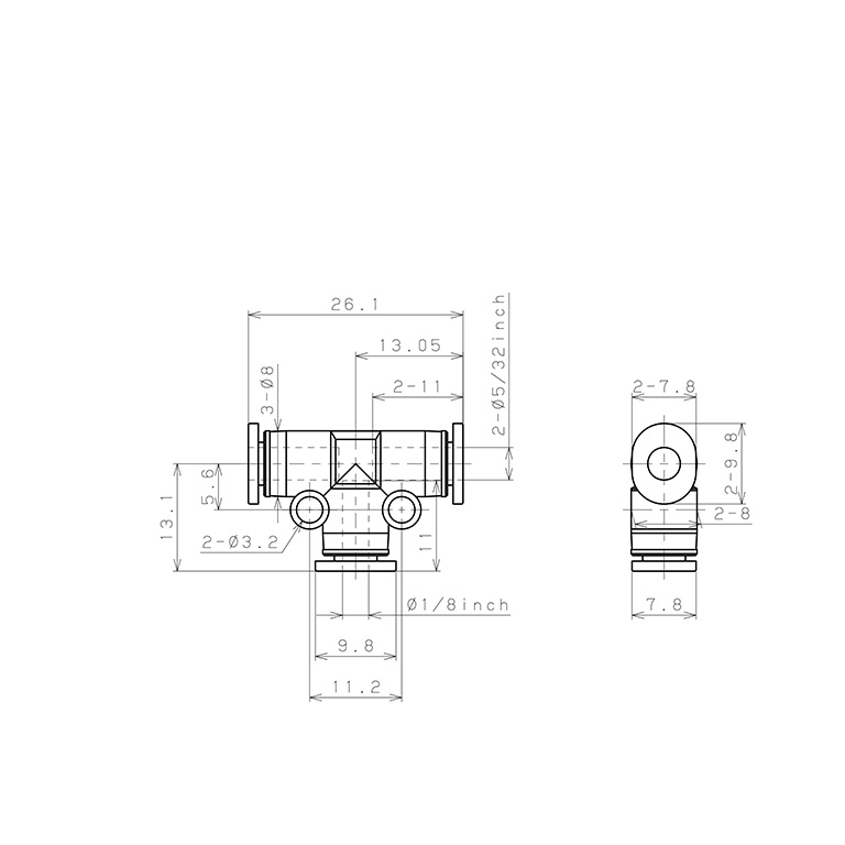 Đầu Nối Nhanh Khí Nén Chữ T Dạng Nối Giảm Pisco PEG5/32-1/8M_drawing