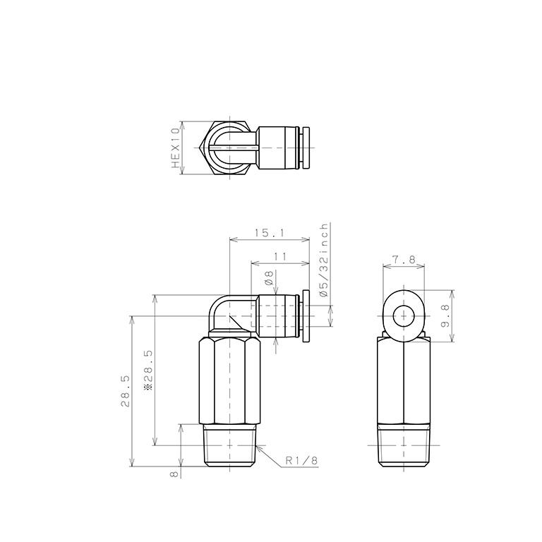 Đầu Nối Nhanh Khí Nén Dạng Cong 90° Ren Ngoài (Dài) Pisco PLL5/32-01M_drawing