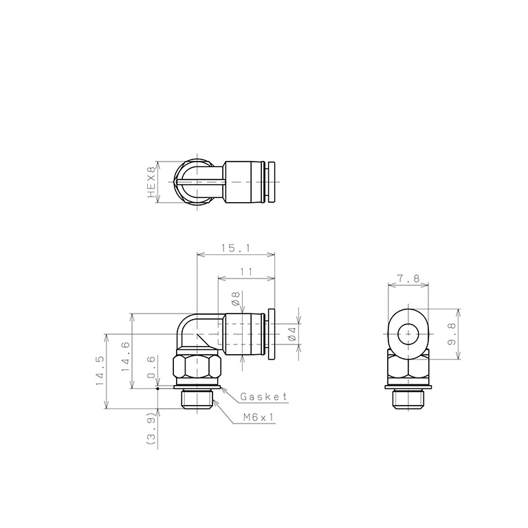 Đầu Nối Nhanh Khí Nén Dạng Cong 90° Ren Ngoài Pisco PL4-M6MW_drawing